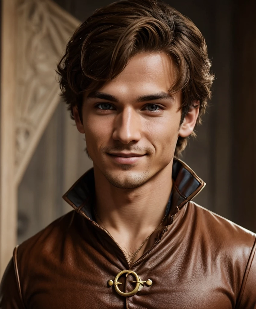  (((Single character image.)))  Solo focus.  1boy. Sexy male fantasy character. Nikolai is 22 years old, he has tanned skin, golden hair, shaved on one side and styled on the other, light brown eyes and slightly hooked nose, he has a beautiful face, outlined by the features of a fairy-tale pirate prince;. He is described as extremely charming, handsome and smiling;no shirt,, 
