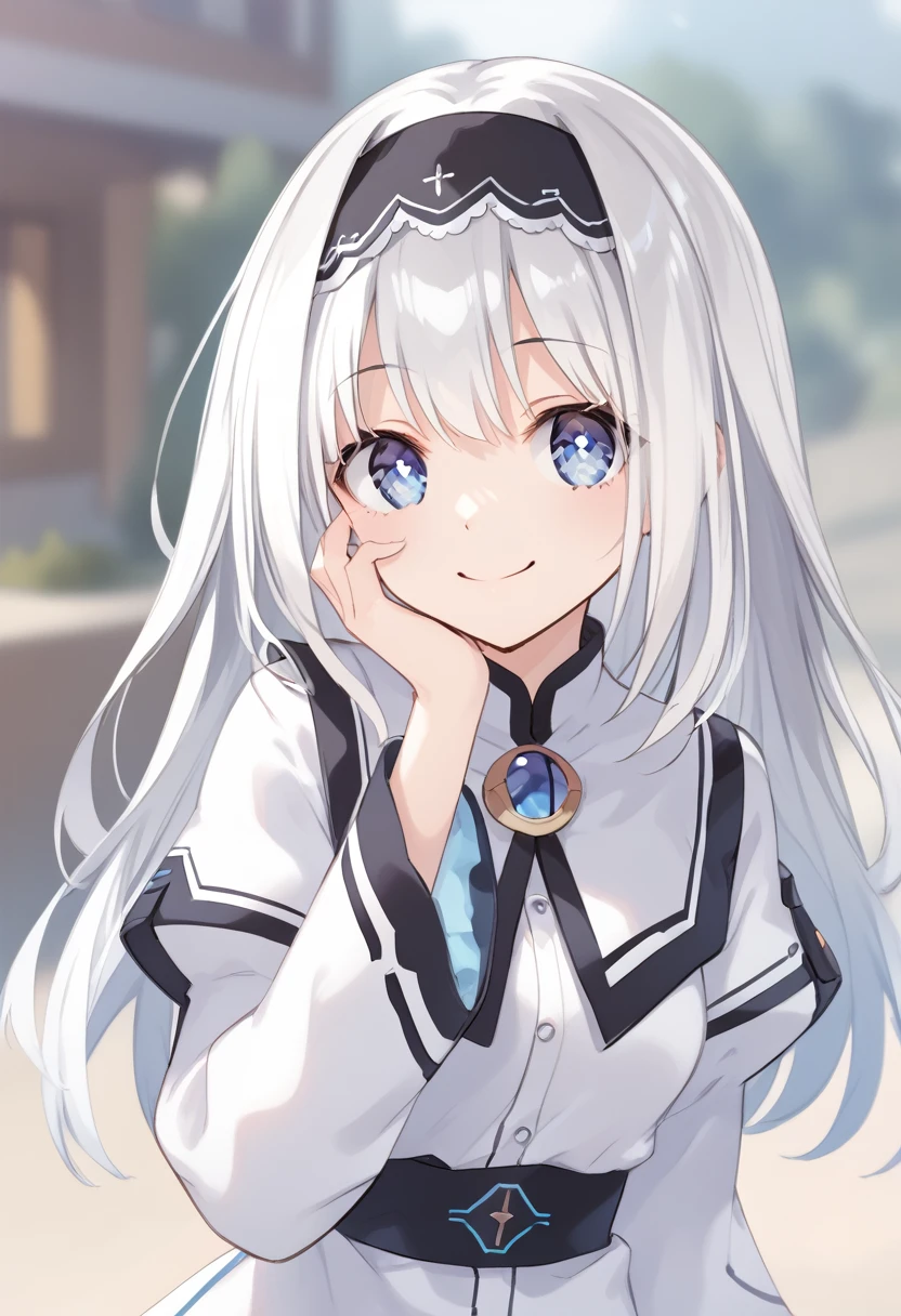 score_9, score_8_up, score_7_up, arusu maria,1girl, solo, long hair, blue eyes, white hair,hair between eyes,white dress,white thighhighs, long sleeves, wide sleeves,black hairband,Face, close-up, upper body, smiling, bright eyes, excited, joy, hand on cheek, on beed, watching TV