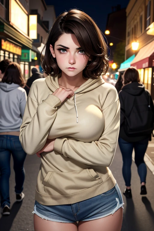 Beautiful 1 woman short brown hair light eyes firm body perfect breasts hoodie sweater short jeans shorts long stockings angry face blushing blushing cheek on night street 