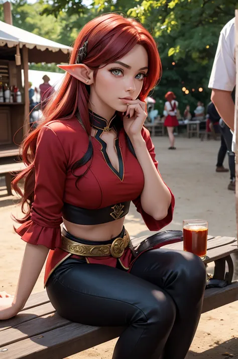 Very very very sexy girl, 1girl, solo, half-elf girl is sitting on an old bench and drinking cider at a village festival, crimso...