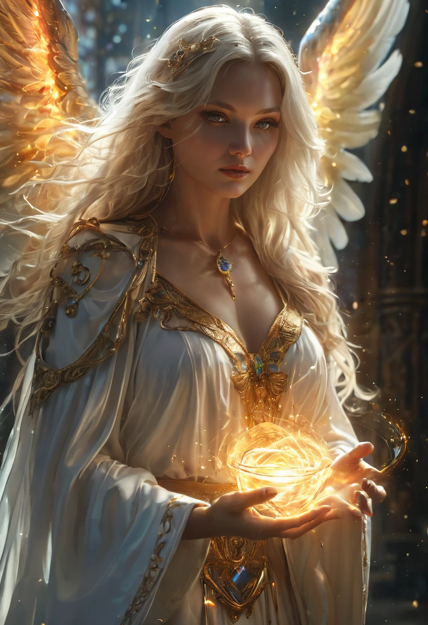 (best quality,4k,8k,highres,masterpiece:1.2),ultra-detailed,(realistic,photorealistic,photo-realistic:1.37),summoned from a magic square,dimensions-shifting holy priest,imposing angel figure,otherworldly,beautiful,highly detailed face and body,white angelic robe,mystical aura,glowing fiery eyes,warm,heavenly atmosphere,dramatic lighting,cold color palette,magical particles swirling around,angleic energy emanating,powerful presence,ethereal beauty,captivating gaze,calming presence,mesmerizing,enchanting