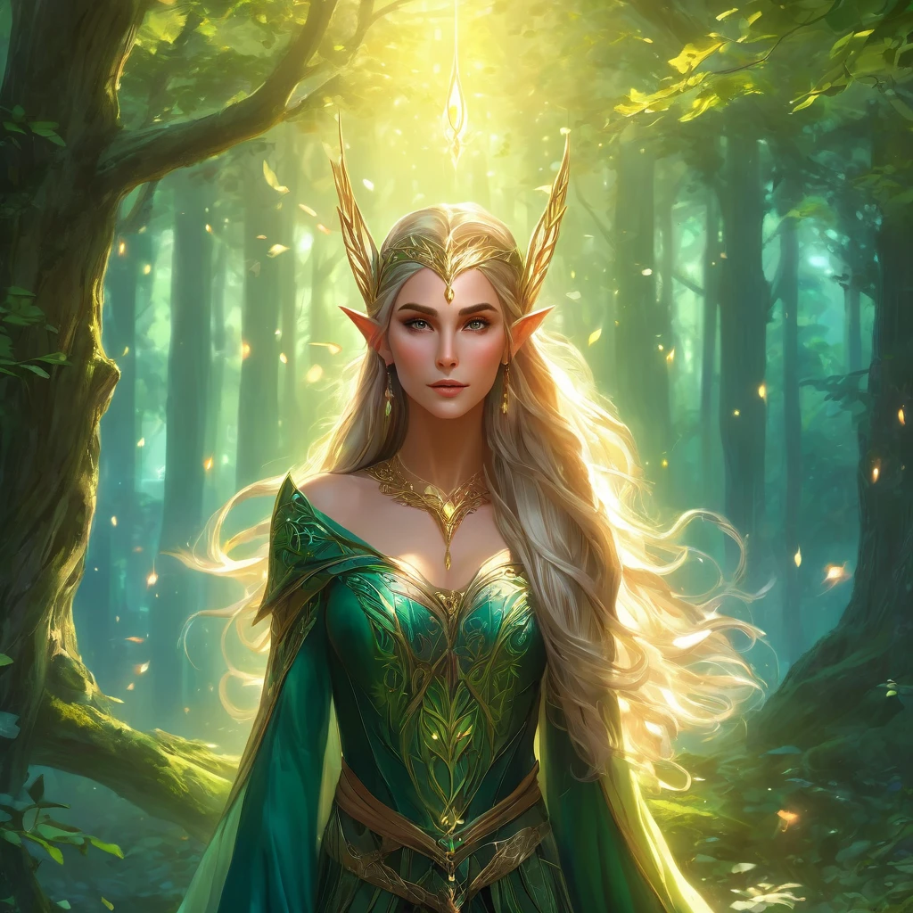 a beautiful elf woman, Detailed facial features, long pointed ears, Ethereal and glowing skin, ( full-body shot），Long flowing hair, elegant posture, Meticulous costumes, Fantasy forest background, magical glowing lamp, movie lighting, bright colors, Digital art, intricate details, 8k, Realistic