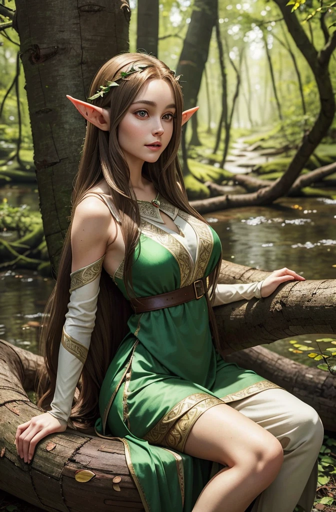 beautiful female elf, Silky light brown long hair, Elf ears, Almond eyes, Thin lips, round face, Huge breasts, Sitting on a fallen tree trunk, Wear the elven clothes of the elven nobles, very beautiful, Looks like, perfect art, masterpiece, Role details, perfect scene