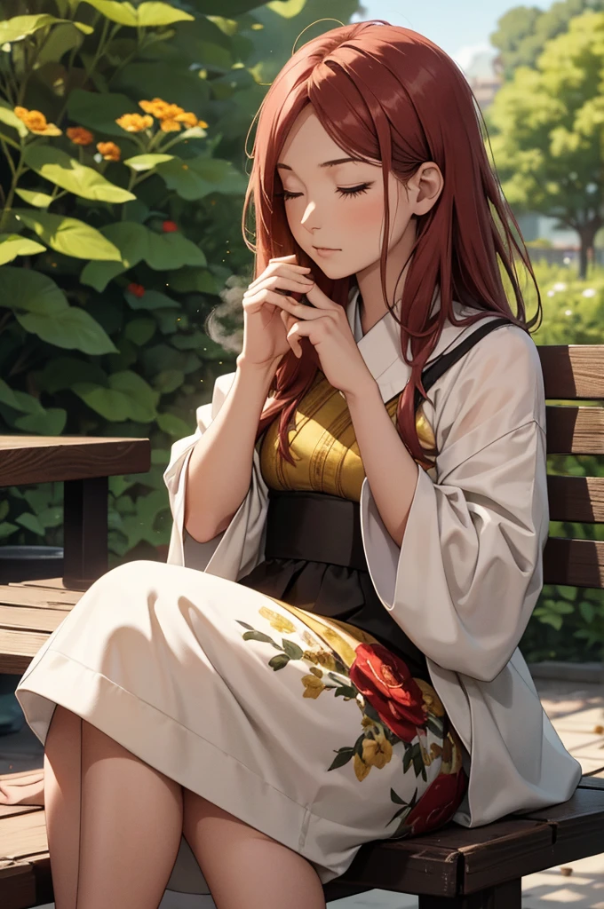 an elegant young woman sitting on a wrought iron bench in the center of a lush garden. The garden should be filled with colorful flowers and greenery, creating a vibrant and serene atmosphere. The woman should have long, flowing dark red hair, styled in loose curls that fall gently down her back. She should be wearing a flowing white yukata with delicate lace accents, which floats around her as she sits on the bench. In her left hand, the woman should be holding a leather-bound book with gilded pages, as if she were in the middle of reading it. Her right hand should be resting gently on a small, ornate table that is positioned next to the bench. On the table, there should be a vase of freshly cut flowers, with bright red and yellow petals that perfectly complement the surrounding flora. Next to the vase, there should be a small cup of steaming tea, emitting fragrant steam that curls up into the air. The woman should have a serene expression on her face, as if she is completely at peace and enjoying the natural beauty around her. Her eyes should be closed, as if she is savoring the aroma of the flowers and the warm breeze on her skin. The overall image should convey a sense of tranquility and contentment