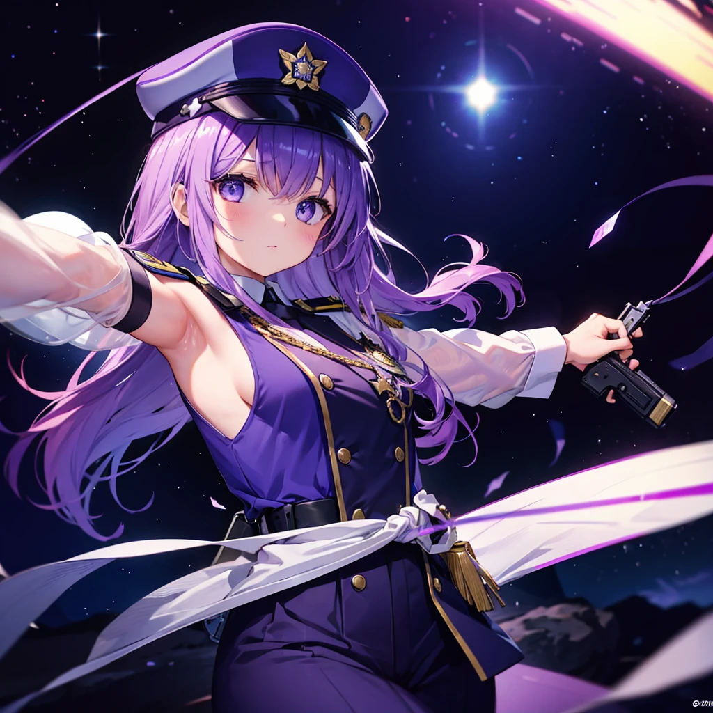 ((((Female police officer、star badge、policeman's cap　Chest opening　Hold a pistol、Close the armpits、force))))　((Fantasy　Purpleの髪、Long Hair　Purpleの目　Lonely　despair))　((Spade playing card　Broken glass　gloves　milky way))　(comet、Purple　moon)　Catch the wind　autumn　輝くPurpleの背景　Particles of light, Shining Edges　Low - Angle