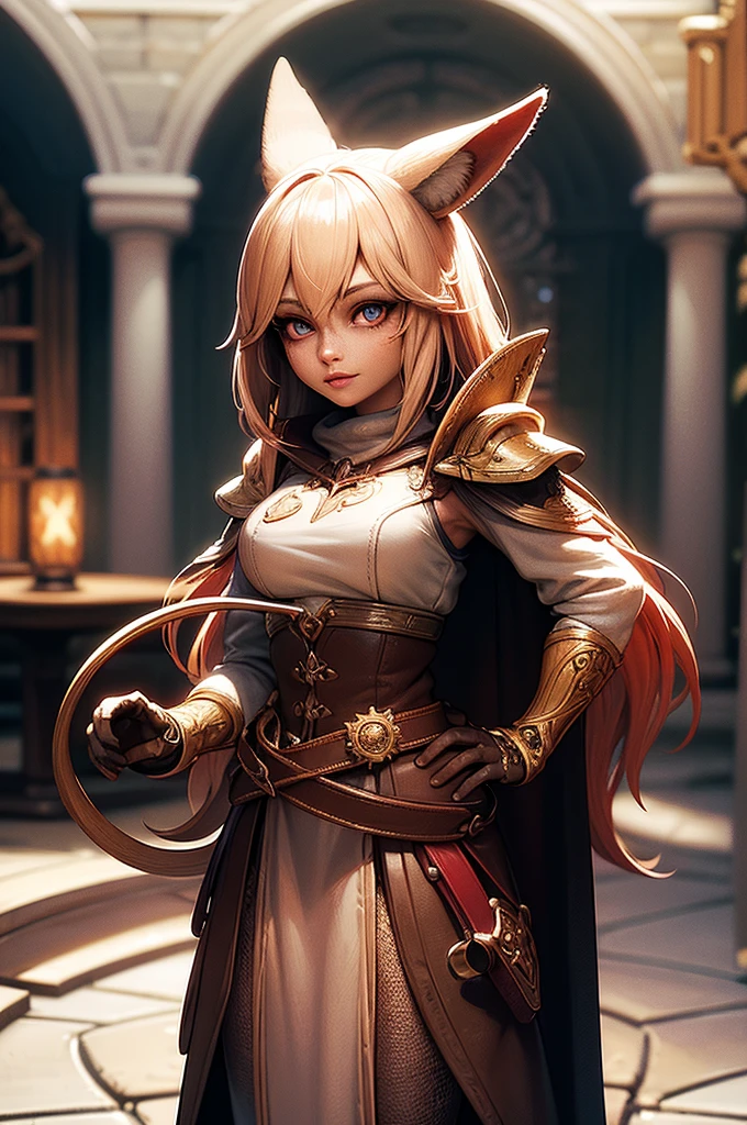 a half-fennec fox woman, beautiful detailed eyes, beautiful detailed lips, extremely detailed face and skin, long eyelashes, deep red hair, blue eyes, freckles, naive smile, wearing gold and white inventor/scientist clothes, gears and gadgets, futuristic, intricate details, complex machinery, 4k, 8k, highres, masterpiece, ultra-detailed, photorealistic, vivid colors, studio lighting, digital painting, concept art, sci-fi