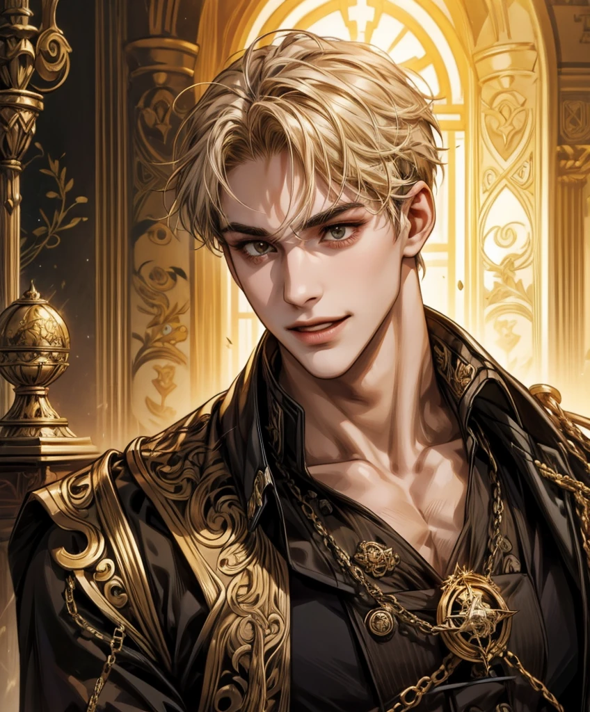  (((Single character image.)))  Solo focus.  1boy. Sexy male fantasy character. Nikolai is 22 years old, he has tanned skin, golden hair, shaved on one side and styled on the other, light brown eyes and slightly hooked nose, he has a beautiful face, outlined by the features of a fairy-tale pirate prince;. He is described as extremely charming, handsome and smiling;no shirt,, 
