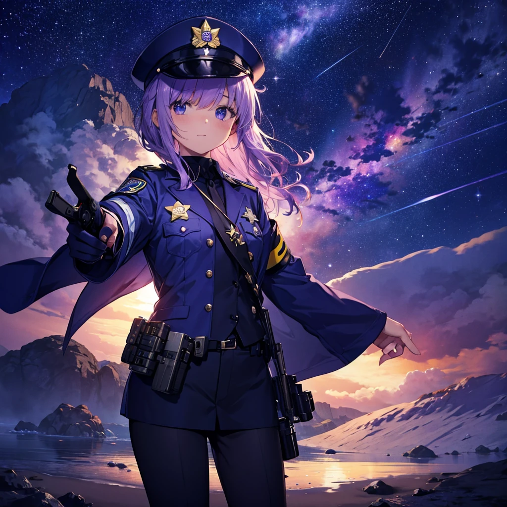 (((((Holding the pistol with both hands、Pointing the muzzle、Aim)))))　((((Female police officer、star badge、policeman's cap　Chest opening))))　((Fantasy　Purpleの髪、Long Hair　Purpleの目　Lonely　despair))　((Spade playing card　Broken glass　gloves　milky way))　(comet、Purple　moon)　Catch the wind　autumn　輝くPurpleの背景　Particles of light, Shining Edges　Low - Angle