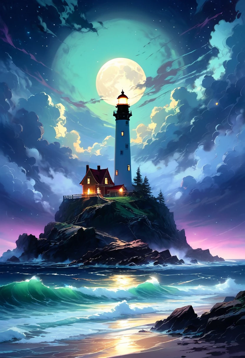 Under the eerie glow of a full moon, a dark and ominous landscape unfolds. A vibrant, colorful ship stands by the edge of a serene ocean, its vivid hues contrasting starkly with the foreboding atmosphere. In the background, a lighthouse stands atop jagged rocks, its light cutting through the darkness and reflecting off the ocean's surface, glistening in the moonlight. Thick, swirling clouds loom overhead, adding to the sense of an evil presence. The moonlight filters through the clouds, casting an otherworldly glow over the scene. A falling star streaks across the sky, adding a touch of mysticism to the night. The air is thick with a sense of ancient secrets and dark magic, as if the very night is alive with hidden power. [romantic impressionism,dream scenery art,beautiful oil matte painting,romantic,style of thomas kinkade,beautiful digital painting,anime landscape,romantic painting,dreamlike digital painting,colorful painting,beautiful gorgeous digital art,style of greg rutkowski,janek sedlar,jenny saville:0] 