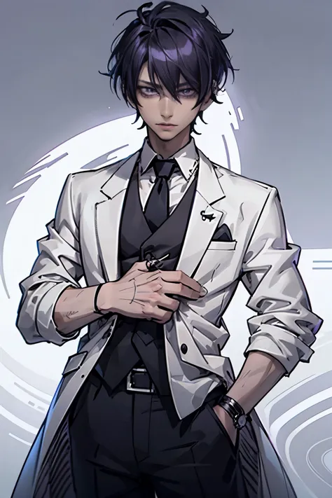 anime - style image of a man in white shirt and black tie, dark purple hair, straight hair, messy bangs, headphones, piercing in...