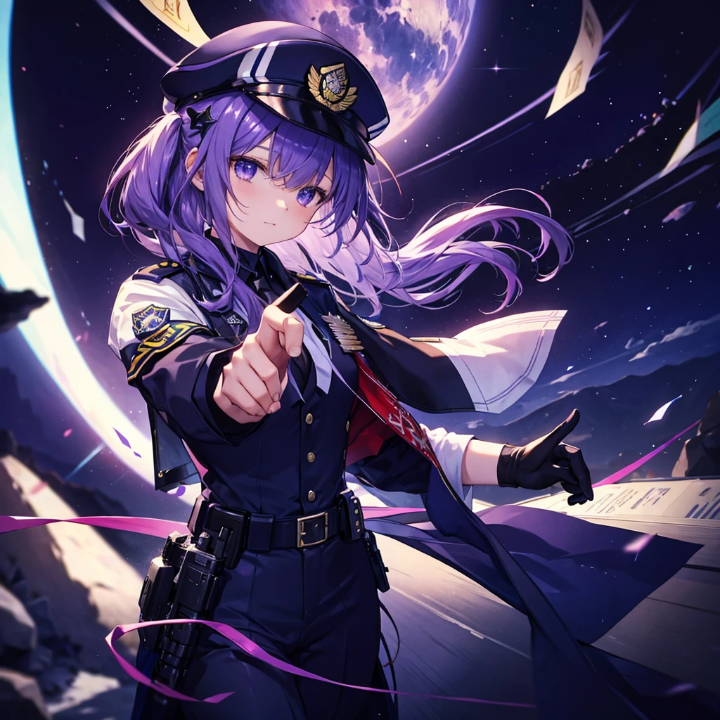 (((((Hold the pistol with both hands、Pointing the muzzle、Aim)))))　((((Female police officer、star badge、policeman's cap　Chest opening))))　((Fantasy　Purpleの髪、Long Hair　Purpleの目　Lonely　despair))　((Spade playing card　Broken glass　gloves　milky way))　(comet、Purple　moon)　Catch the wind　autumn　輝くPurpleの背景　Particles of light, Shining Edges　Low - Angle