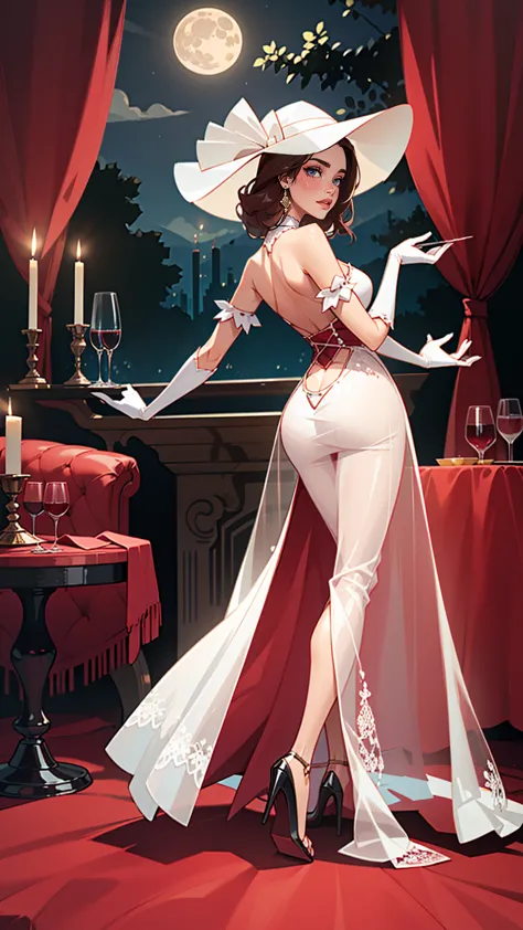 hat, a girl in transparent long dress, full moon, elbow_gloves,stiletto_heels, candles, wine_glass