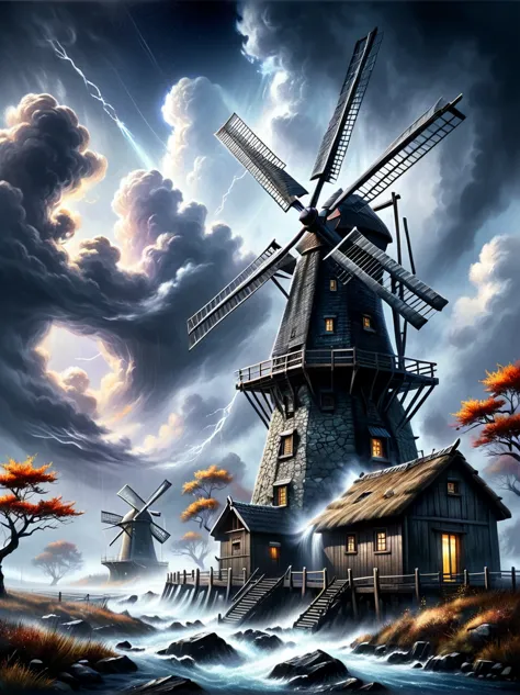 Daily Theme: Wild Windmills, windmills in vibrant and fantastical settings, harnessing the power of wind and also the elements o...