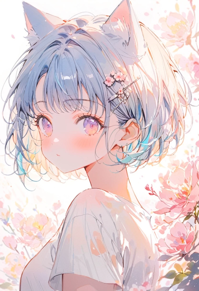 best quality, beautiful, (watercolor:1.2), girl, light blue, blue hair, short hair, cat ear, Upper Body, white t-shirts, look at me, big light color hairpin