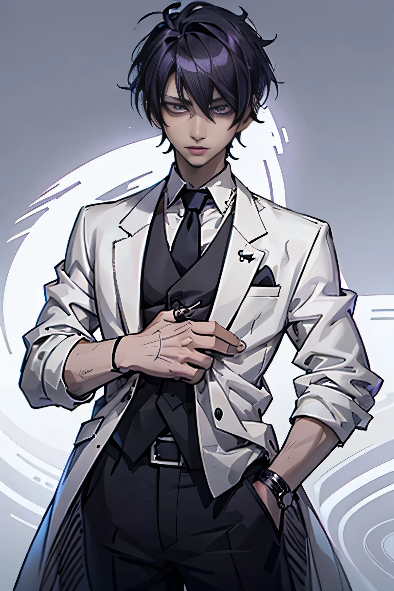 Anime - Style image of a man in white shirt and black tie, dark purple hair, straight hair, messy bangs, headphones, piercing in ears, sheet music in hand, anime key visual of elegant, handsome androgynous prince.