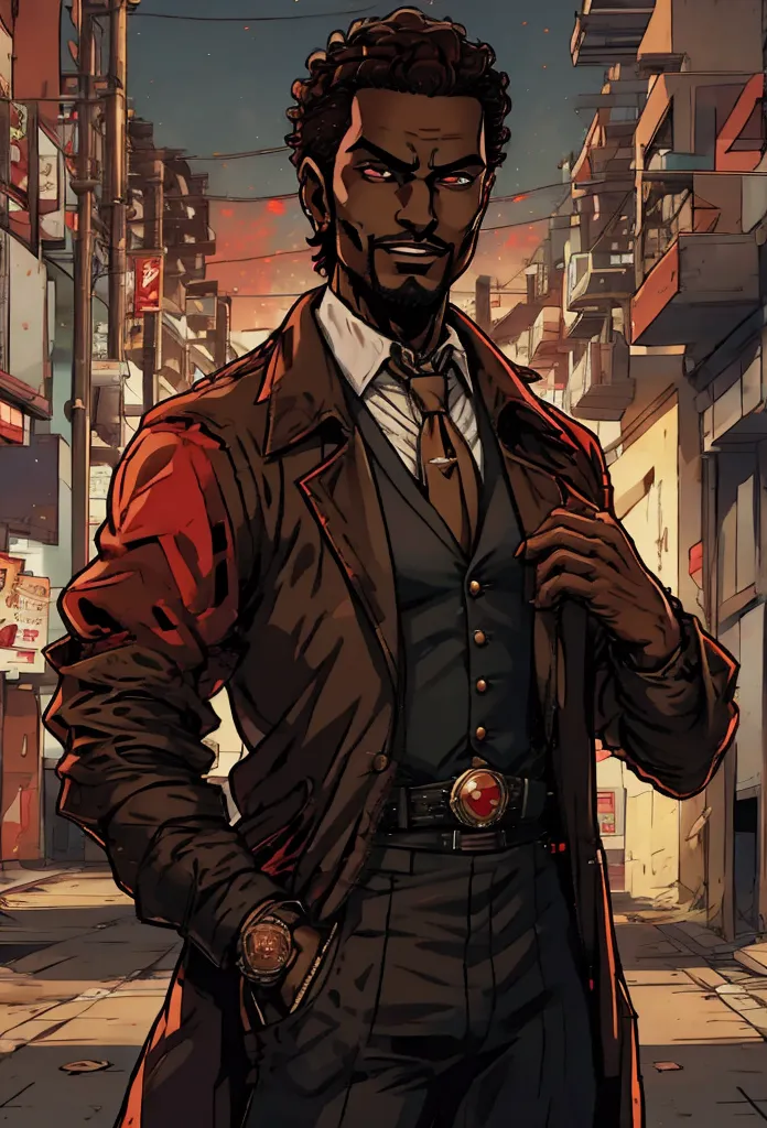 anime dark skin gambler with red eyes holding a card in his left hand. he wears phantom theif style clothing such as fancy trenc...