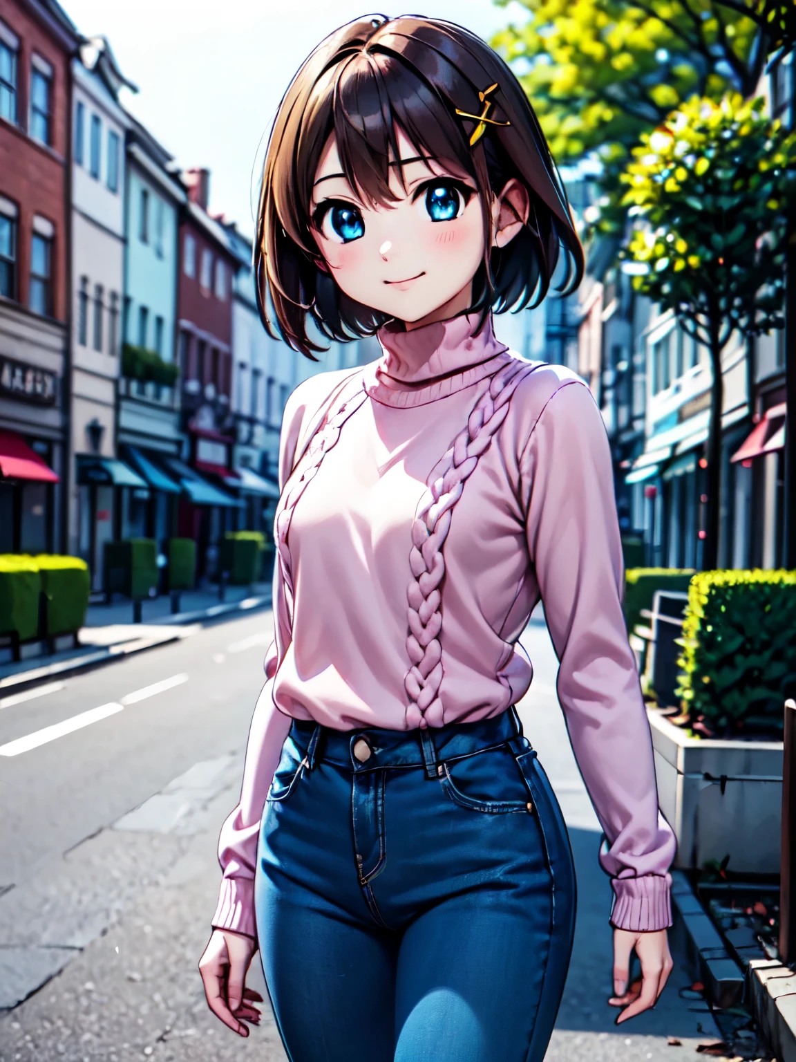 masterpiece,(Anime illustration style),Shooting from the front、Highest quality,Super detailed,Outdoor,One girl, 12 years old, Hayate Yagami, Standing、short hair, blue eyes, Brown Hair, hair ornaments, x hair ornaments,sweater, pink sweater, turtleneck, Long sleeve,In jeans、smile、Brown Hair,4K,8k,(Realistic, Genuine, Genuine的、Realistic:1.2), ((Highest quality)、 Cowboy Shot,