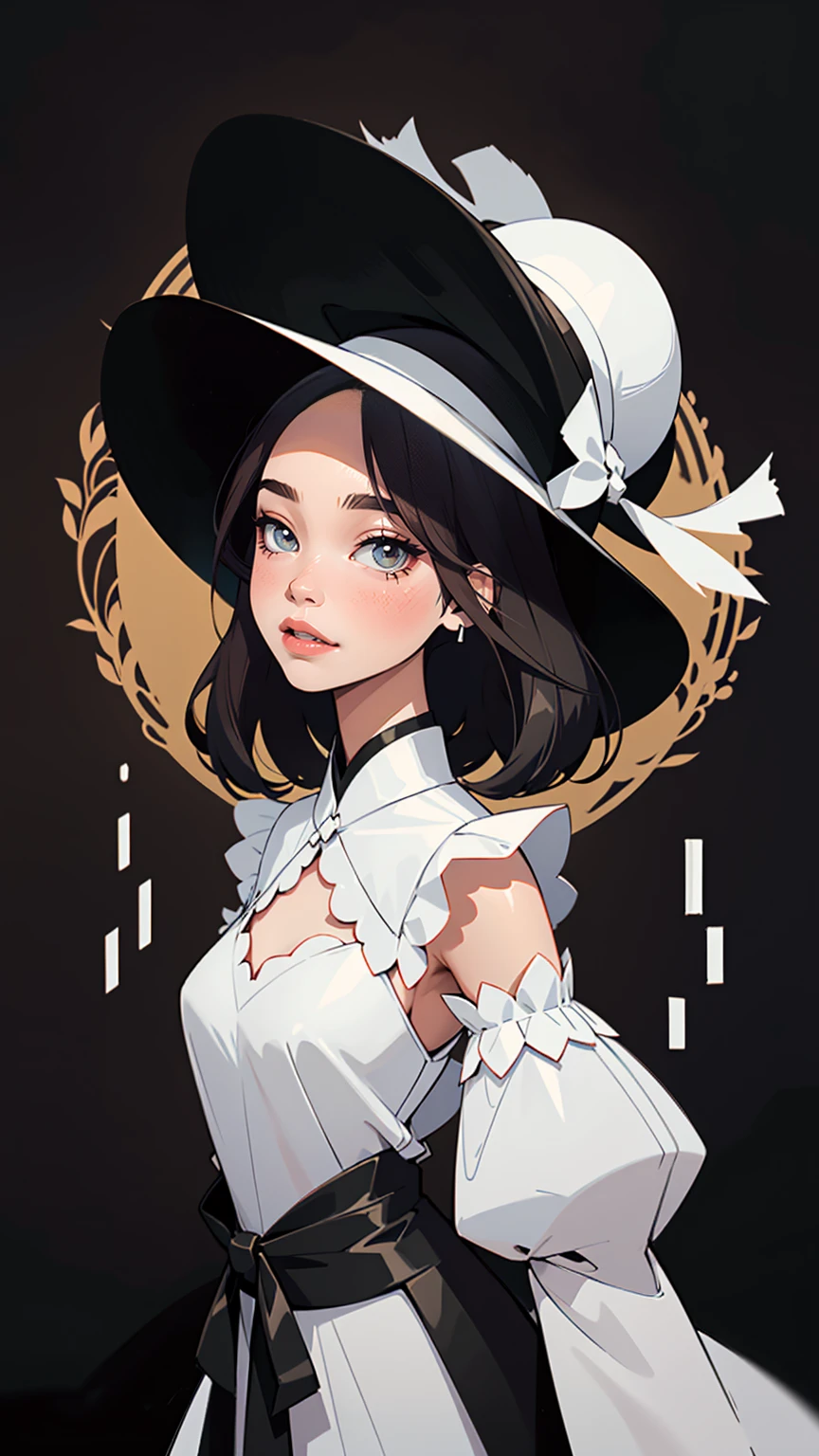 arafed image of woman wearing black and white dress and hat, grace的数字艺术, Wear black clothes and hats, Beautiful digital illustrations, grace的数字, black and whites, wearing straw hat, grace, Mysterious charm, grace的女人, black and white, Detailed clothing and face, A beautiful artistic illustration, Stunning art style