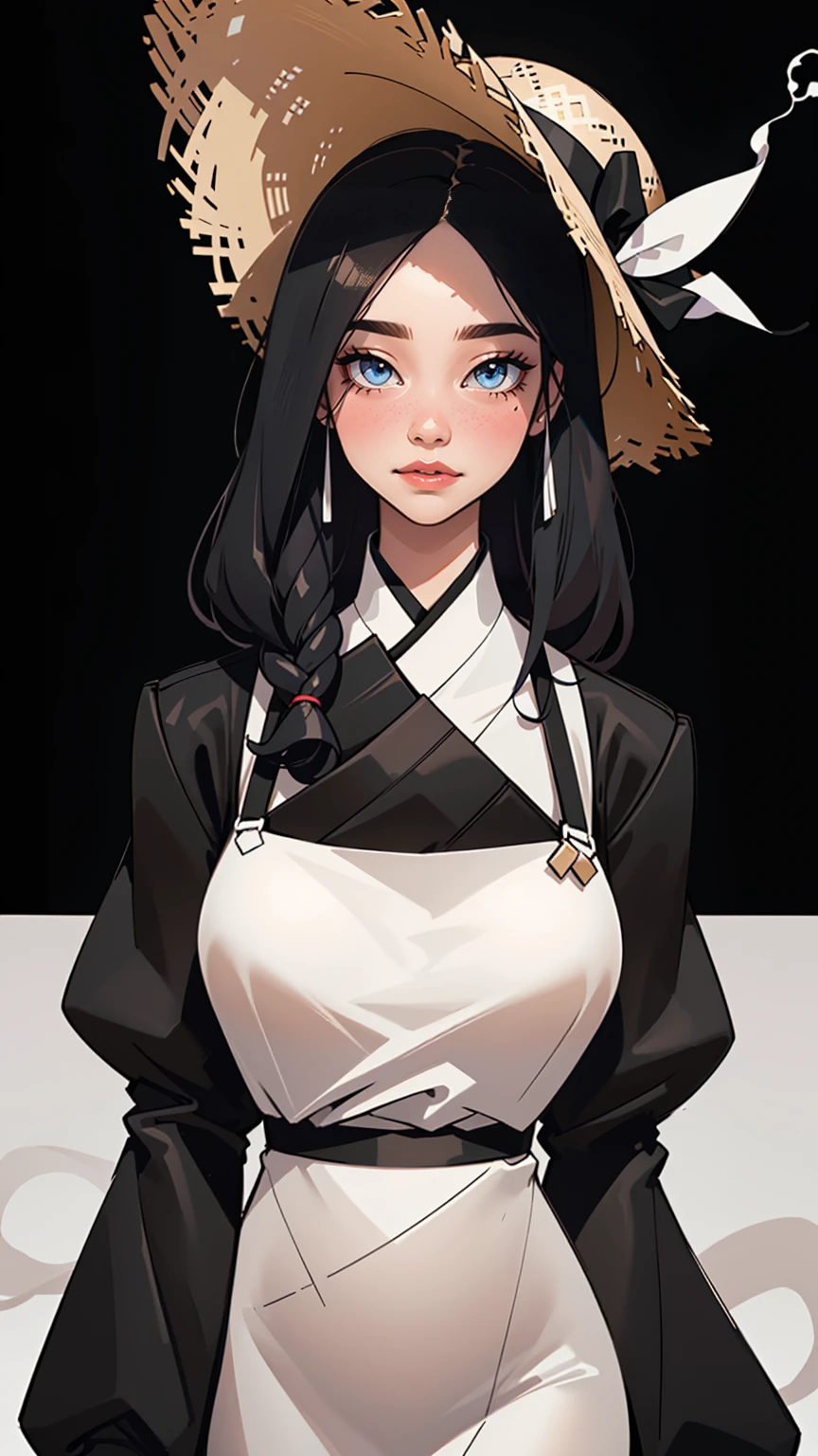 arafed image of woman wearing black and white dress and hat, grace的数字艺术, Wear black clothes and hats, Beautiful digital illustrations, grace的数字, black and whites, wearing straw hat, grace, Mysterious charm, grace的女人, black and white, Detailed clothing and face, A beautiful artistic illustration, Stunning art style