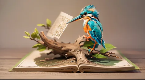 (masterpiece:1.2, Highest quality,Highest quality,Super detailed),(Very detailed),8k(A pop-up book with a kingfisher perched on a tree branch:1.5),(Cinema Lighting),(Written boundary depth),(Sophisticated lighting:1.2),(Chiaroscuro),(Origami art)