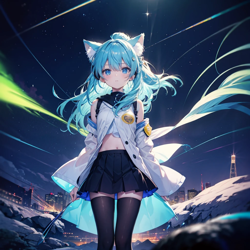 (((((胸の前でShine星を持つ)))))　(((())))　(((Neon blue hair、Long Hair　Neon blue eyes、Shine　Cat ear　Headphones)))　((ports bra、black　Long tights、Short socks、Asymmetric))　(Galaxy Background　left and right)　Catch the wind　autumn　Shine紫色の背景　Particles of light, Shineエッジ　Low - Angle