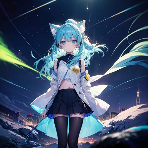 (((((胸の前でShine星を持つ)))))　(((())))　(((Neon blue hair、Long Hair　Neon blue eyes、Shine　Cat ear　Headphones)))　((ports bra、black　Long t...