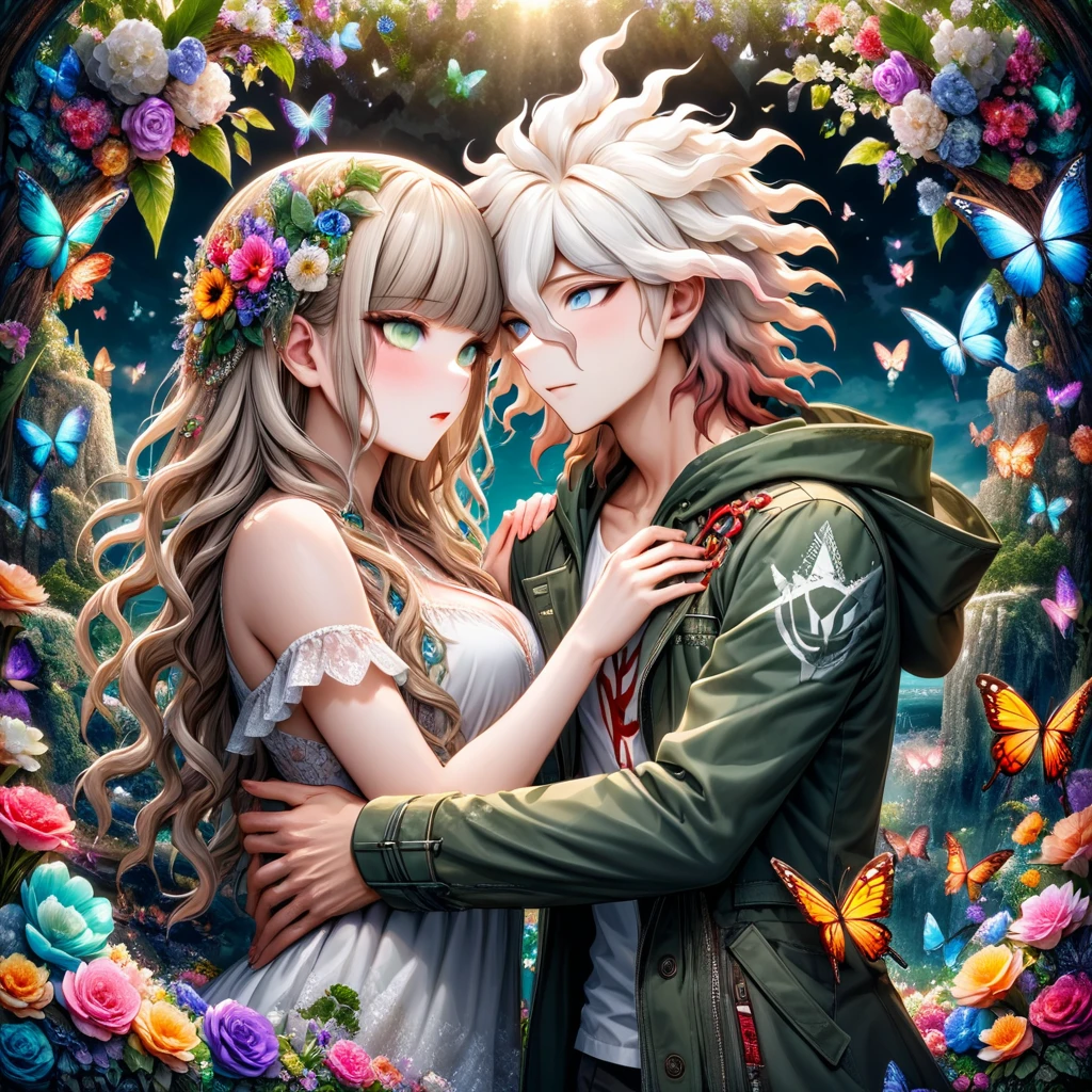 Ultra detailed, HDR, Highres, absurdres, master piece, Aida, ash blonde hair, expressive green eyes, Komaeda Nagito, white hair, expressive green-gray eyes, green coat with hoodie, white shirt, Danganronpa 2, flowers, butterflies, fantasy, magical, green leaves, summer, a beautiful woman together with a handsome man, couple, love, sensual, island