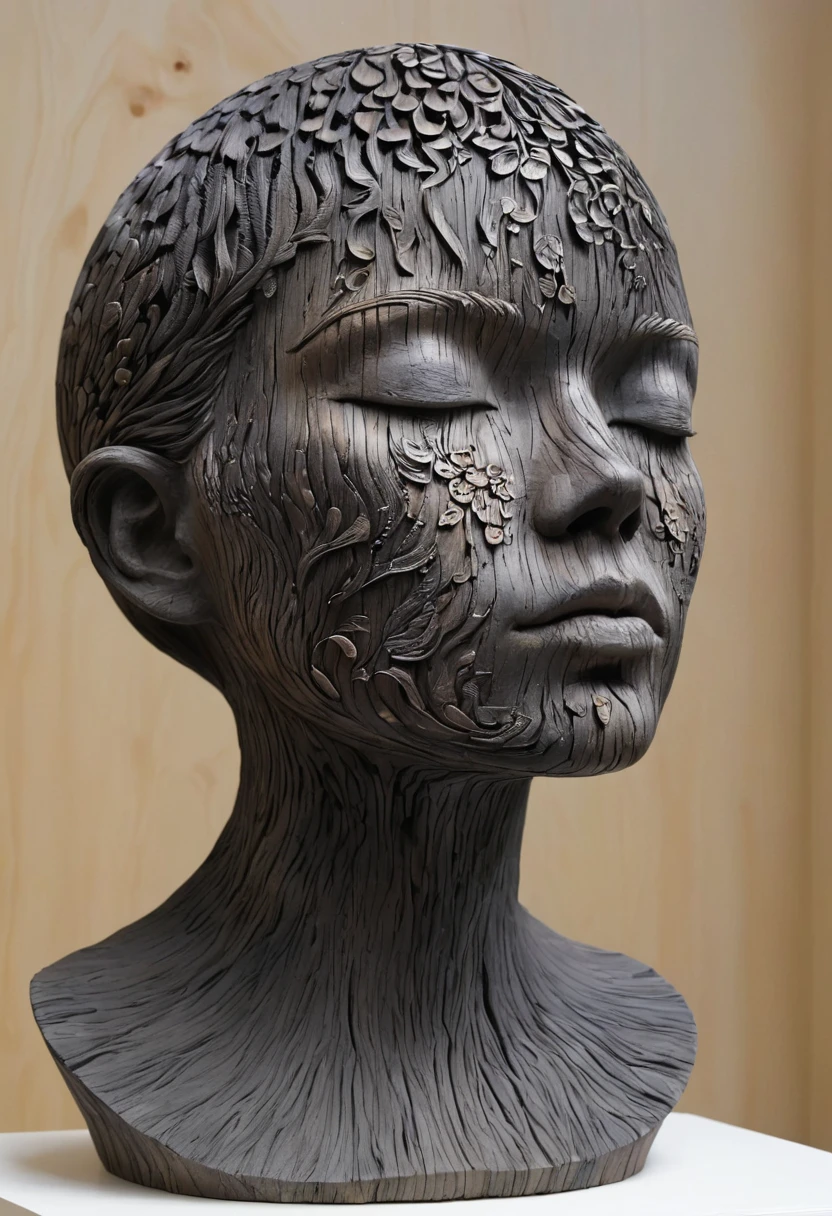 Aron Demetz, Master of Arts，Woodcarving，Portrait sculpture，Wood texture，Mushrooms growing on the sculpture，Black charcoal