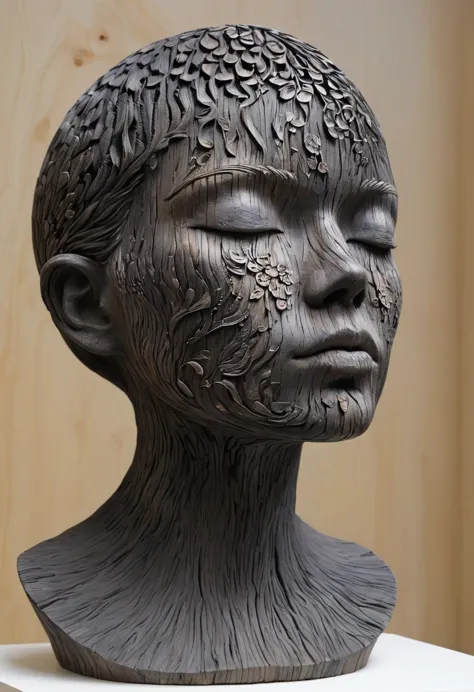 aron demetz, master of arts，woodcarving，portrait sculpture，wood texture，mushrooms growing on the sculpture，black charcoal