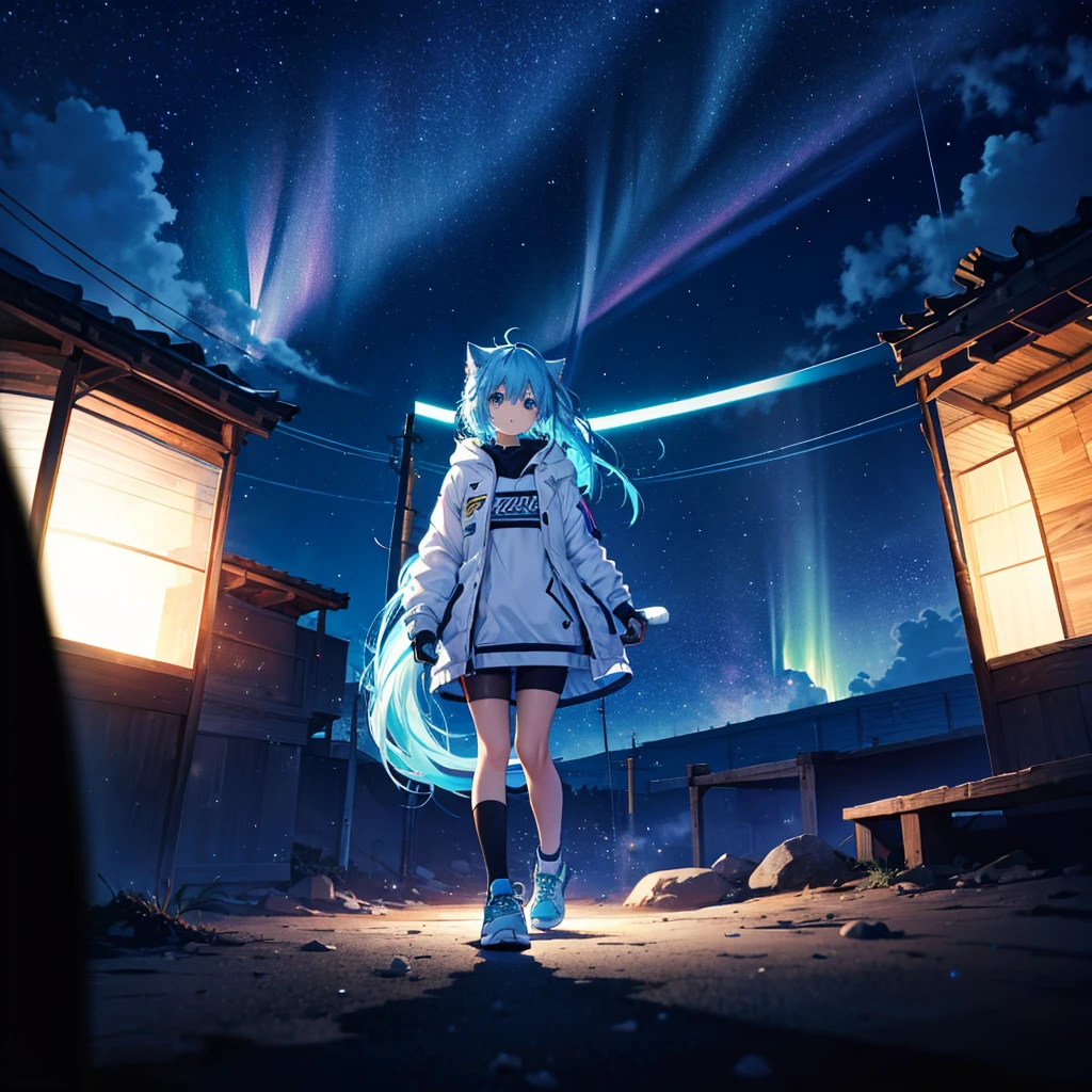 (((((胸の前でShine星を持つ)))))　((((Center of the stage、Spotlight、Blue light　Aurora))))　(((Neon blue hair、Long Hair　Neon blue eyes、Shine　Cat ear　Headphones　Black and blue sneakers)))　((ports bra、black　Long tights and short socks、Asymmetric))　(Galaxy Background　Left and right speakers)　Catch the wind　autumn　Shine紫色の背景　Particles of light, Shineエッジ　Low - Angle