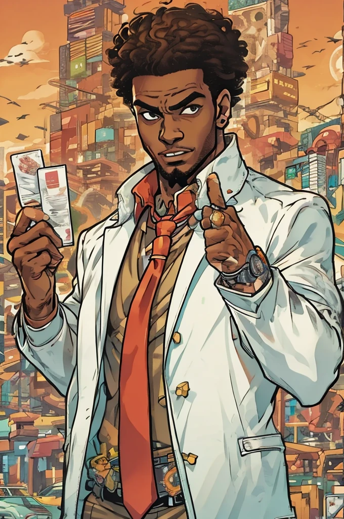 Half body Image of a man in a white suit and red tie holding a card,. He wears mobster style clothing such as fancy trenchcoat, suit jacket with business tie underneath an red vest, smug expression, smirking (((brown:1.3, red:1.3,black:1.2, white:1.2))), short curly hair, faded haircut