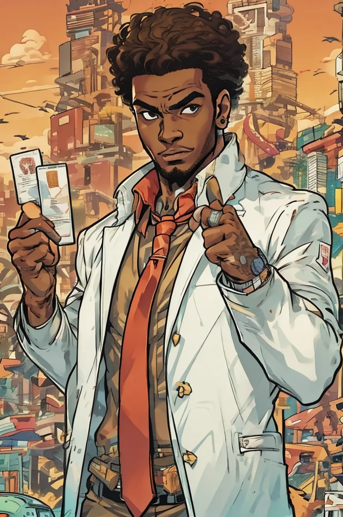 Half body Image of a man in a white suit and red tie holding a card,. He wears mobster style clothing such as fancy trenchcoat, suit jacket with business tie underneath an red vest, smug expression, smirking (((brown:1.3, red:1.3,black:1.2, white:1.2))), short curly hair, faded haircut