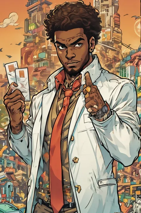 half body image of a man in a white suit and red tie holding a card,. he wears mobster style clothing such as fancy trenchcoat, ...