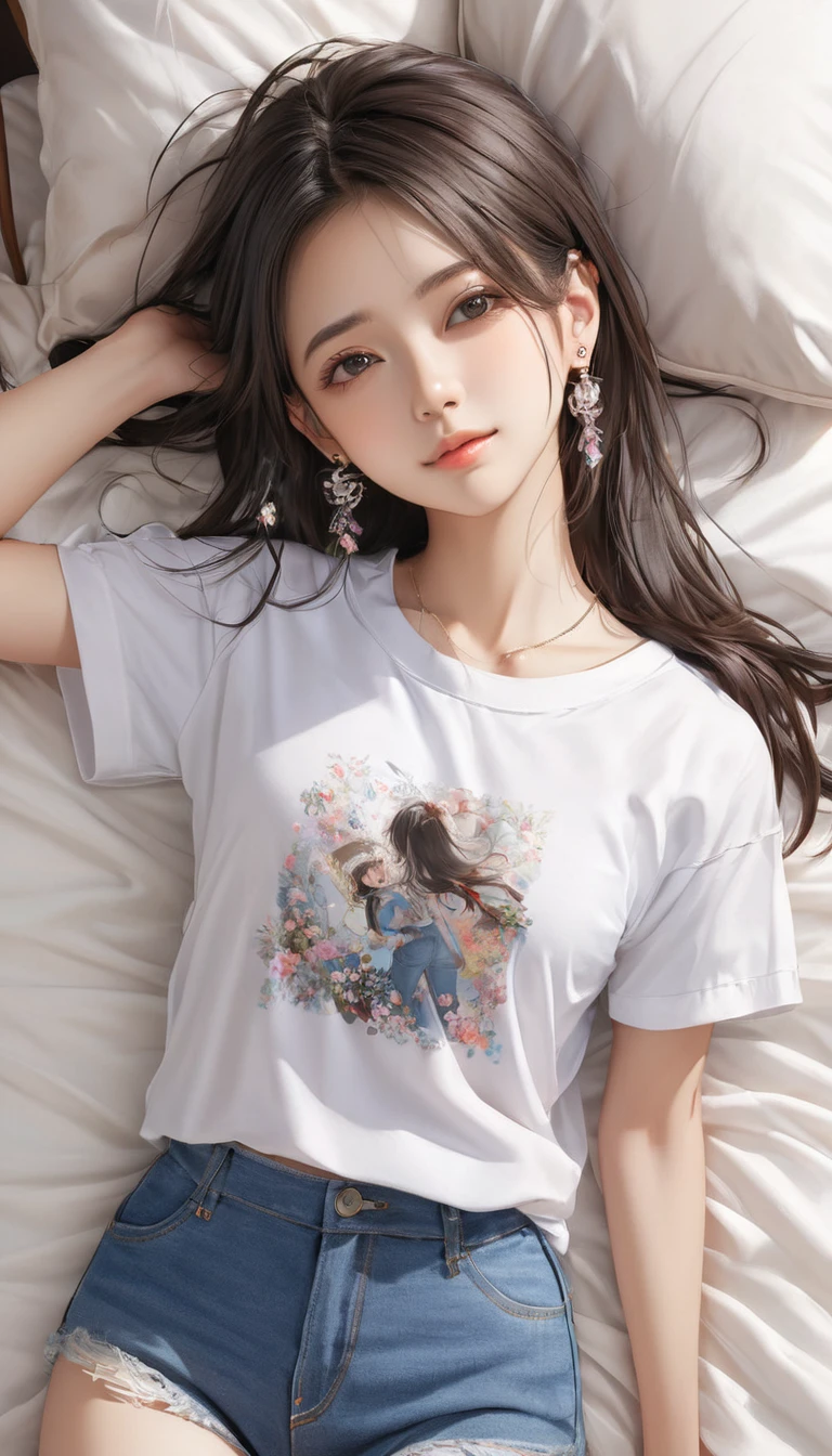 (masterpiece, Highest quality:1.2), One girl, alone,bony body、15 years old、Earrings、(from above:2) , detailed , master piece , best quality , woman , t-shirt , short denim ,  bed