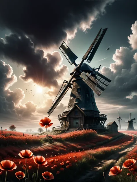 wild windmills,gloomy aura,warm sun from behind the clouds,spooky view of the windmill,windmill stands in a poppy field,space wi...