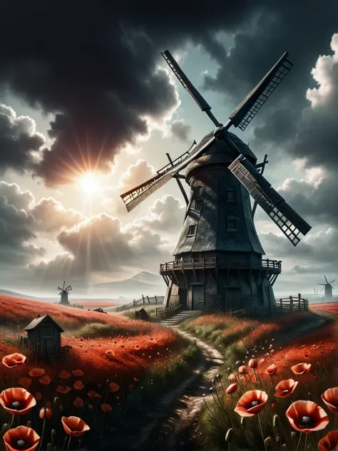 wild windmills,gloomy aura,warm sun from behind the clouds,spooky view of the windmill,windmill stands in a poppy field,space wi...