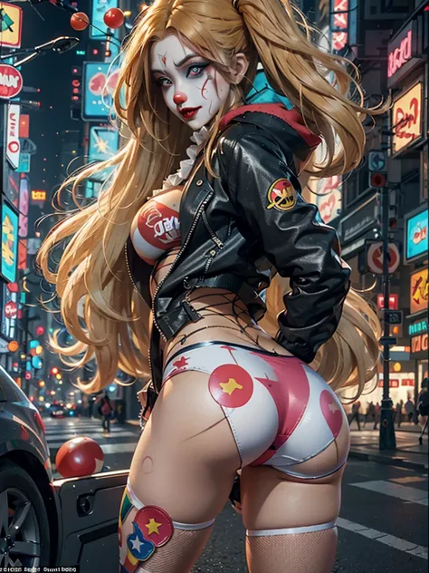 Brunette and Blonde, perfect, (EYE PUPIL DEFINED, SHARP), ((super sexy clown cosplay showing her butt)), t-shirt, jacket, shorts...