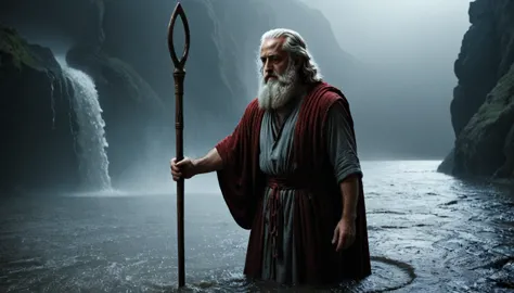 cinematographic image of Moses touching water with his staff and turning it into blood