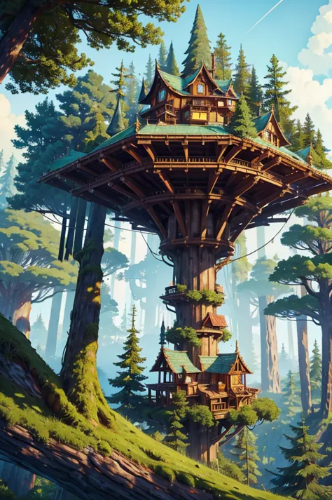 a magical forest full of giant trees where on top of them there are structures and constructions (tree houses) made of wood and ...