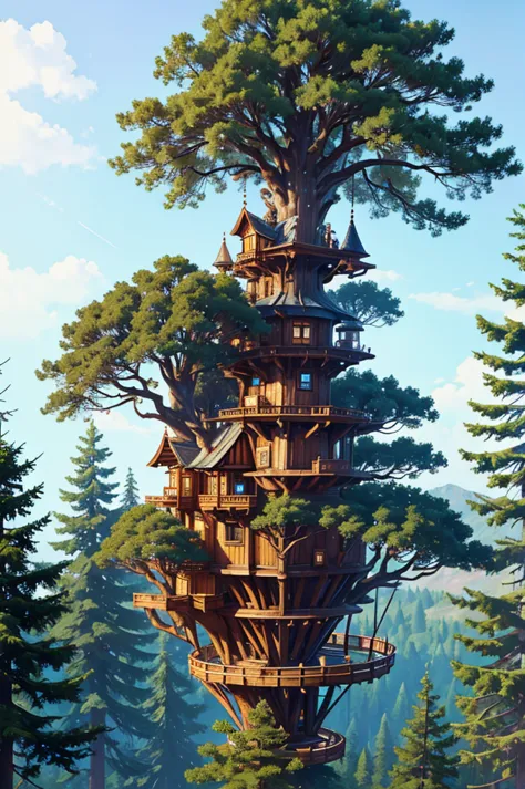 a magical forest full of giant trees where on top of them there are structures and constructions (tree houses) made of wood and ...