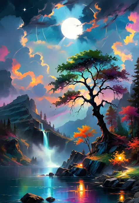 under the eerie glow of a eclipse, a dark and ominous landscape unfolds. a vibrant, colorful tree stands by the edge of a serene...