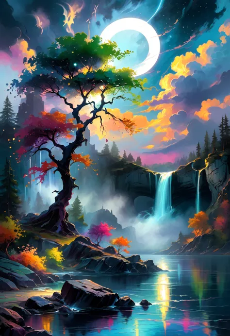 under the eerie glow of a eclipse, a dark and ominous landscape unfolds. a vibrant, colorful tree stands by the edge of a serene...