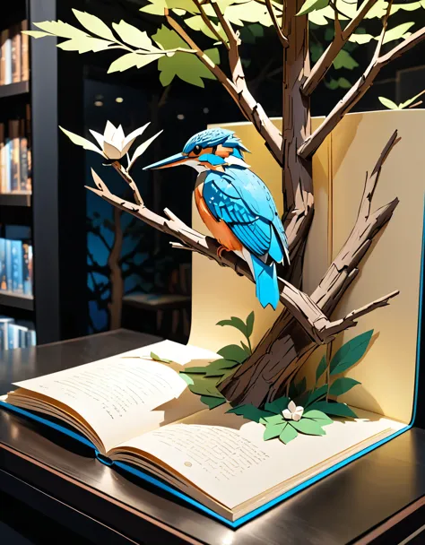 (masterpiece:1.2, Highest quality,Highest quality,Super detailed),(Very detailed),8k(A pop-up book with a kingfisher perched on a tree branch:1.5),(Cinema Lighting),(Written boundary depth),(Sophisticated lighting:1.2),(Chiaroscuro),(Origami art),This hop-up is on display in a bookstore
