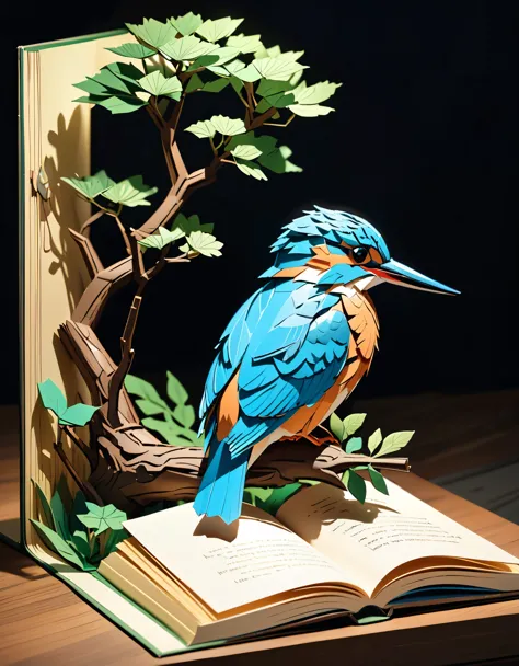 (masterpiece:1.2, Highest quality,Highest quality,Super detailed),(Very detailed),8k(A pop-up book with a kingfisher perched on a tree branch:1.5),(Cinema Lighting),(Written boundary depth),(Sophisticated lighting:1.2),(Chiaroscuro),(Origami art),This hop-up is on display in a bookstore
