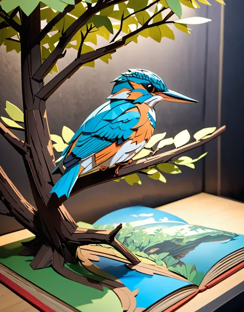 (masterpiece:1.2, Highest quality,Highest quality,Super detailed),(Very detailed),8k(A pop-up book with a kingfisher perched on a tree branch:1.5),(Cinema Lighting),(Written boundary depth),(Sophisticated lighting:1.2),(Chiaroscuro),(Origami art),This hop-up is on display in a bookstore
