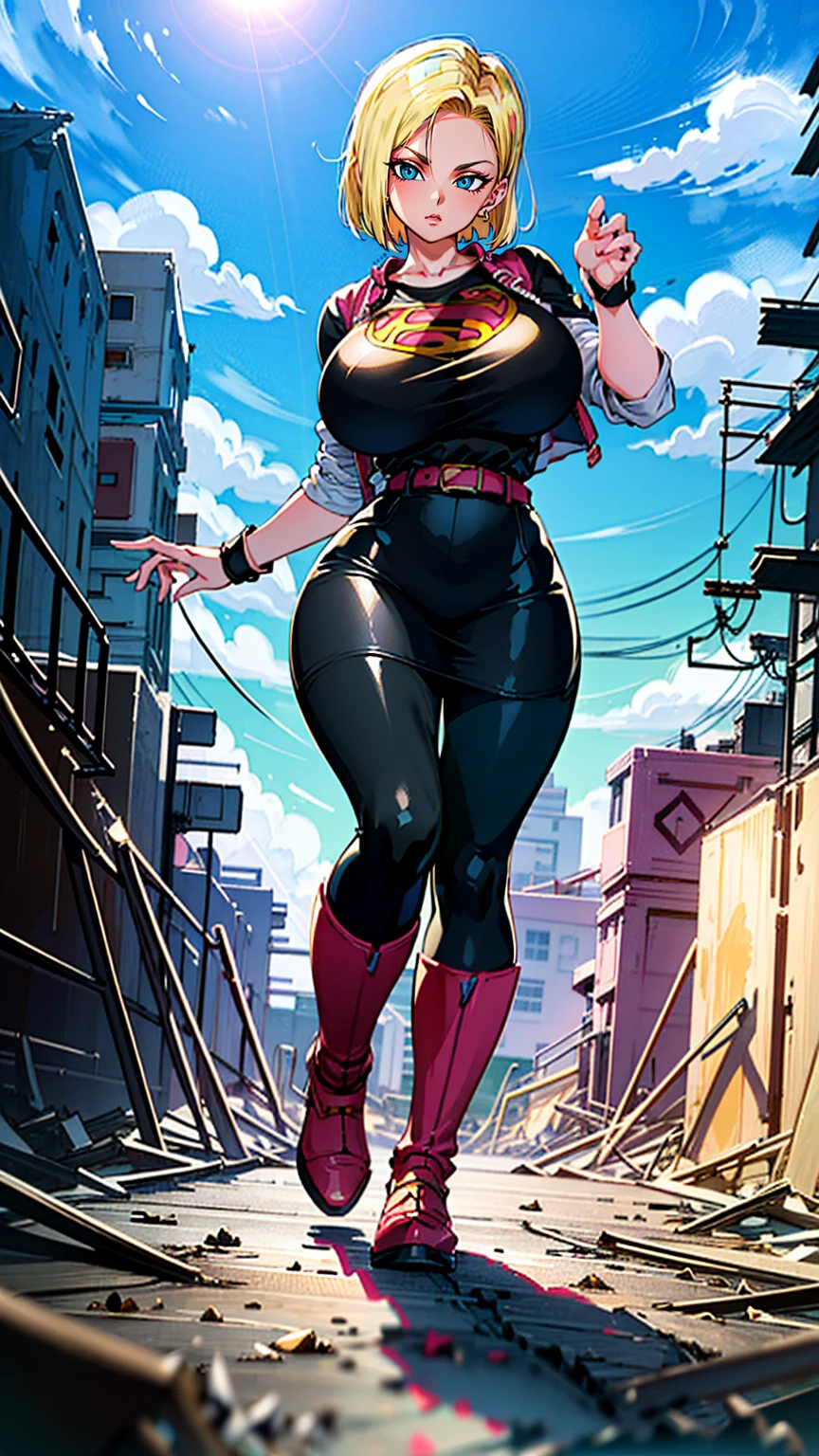 Super-Mädchen, pureerosface_V1, Aufkleber eines Mädchens aus DC Comic, Ganzkörper, Kim Jung gi, , (riesig breasts breasts 2.1),Seele, digital Illustration, Comic-Stil, cyberpunk, Perfekte Anatomie, zentriert, der Perfektion nahe, Dynamisch, sehr detailliert, Aquarellmalerei, artstation, Konzeptkunst, glatt, scharfer Fokus, Illustration, Kunst von Carne Griffiths und Wadim Kashin ,, (Meisterwerk, beste Qualität, ultra-detailliert, bester Schatten),, Im Stil von Neon Genesis Evangelion, Du stehst auf einem trostlosen, postapokalyptisches Ödland, während sich die fernen Ruinen einer riesigen Stadt am Horizont abzeichnen. Der Himmel ist voller bedrohlicher Wolken, während eine riesige Kreatur in der Ferne auftürmt, riesige Brust, riesig , titsnipples, kurvig, dick