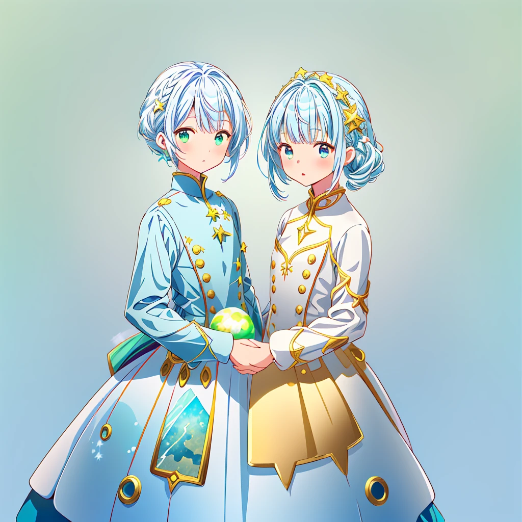 One girl、Star Fairy、Star incarnation、Character Design Front View、A painting facing the viewer、(((Very detailed、Highest quality、masterpiece、The best dynamic composition、Golden Ratio)))、Unique and cute hairstyle、Milky white and blue hair color、Simple Green Background、VTuber - whole body,Ulan Tunic