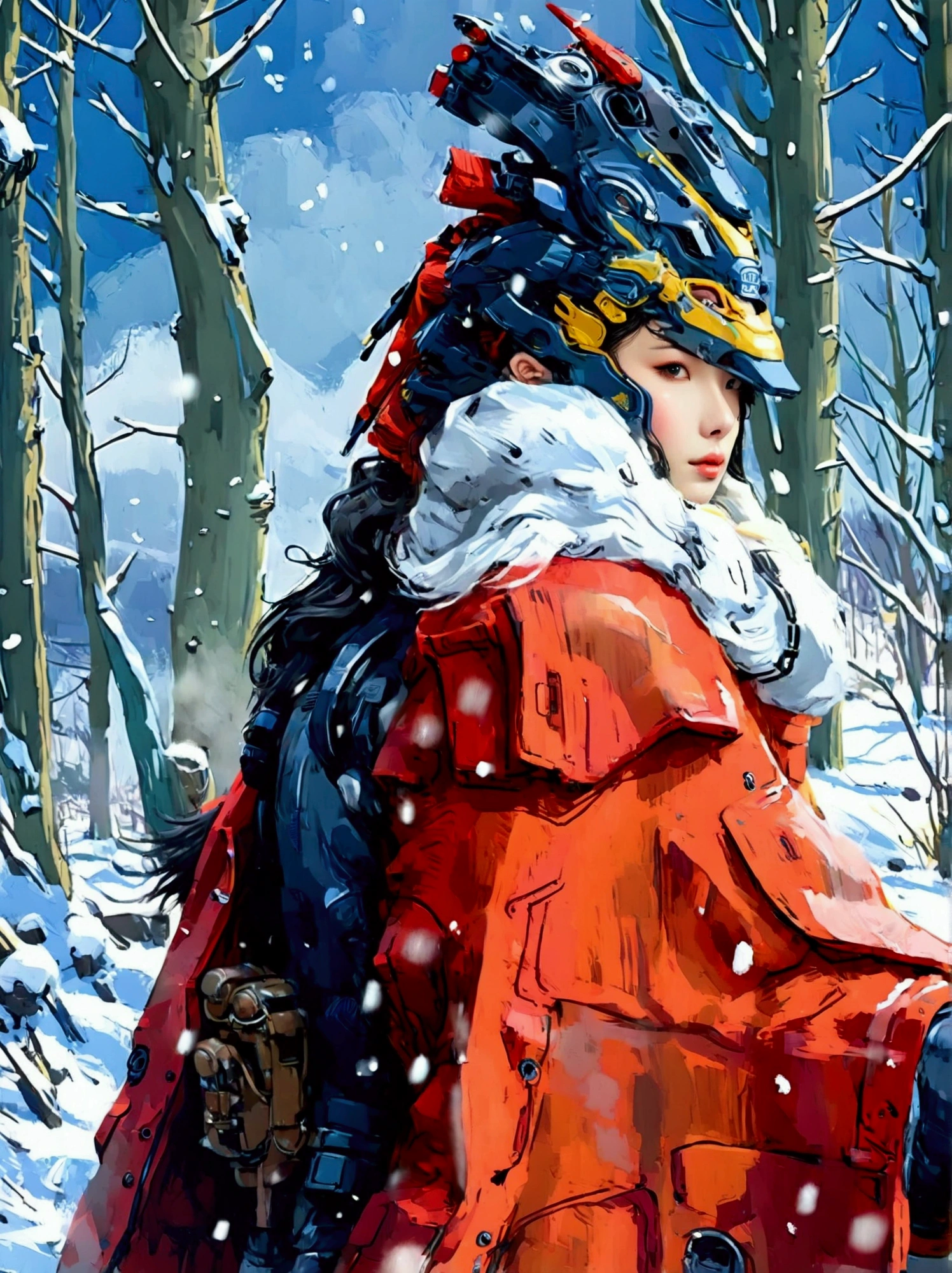 masterpiece，Highest quality，Exquisite details，Chinese style，Peerless Beauty，Delicate，heavy snow，(Leading a Han-blooded horse:1.9)，wilderness，Red cape，Hanfu，Winter，Northern scenery，Snowflakes，His eyebrows are gaunt and his hair and beard are without a trace，Light and Shadow，Drama Perspective，Slash composition，(Panoramic photos taken with a wide-angle lens:1.9)，Film Grain