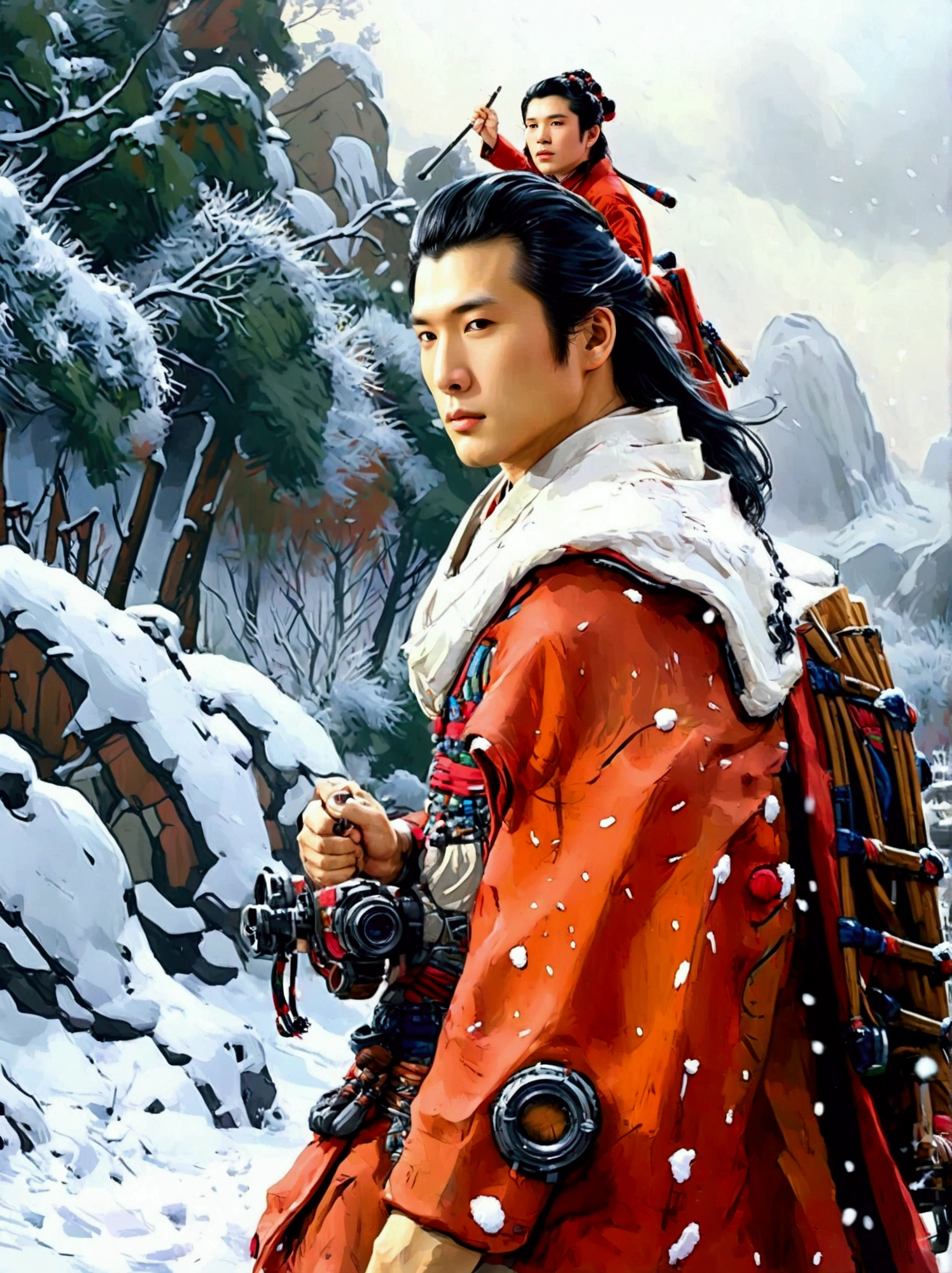 masterpiece，Highest quality，Exquisite details，Chinese style，Peerless Beauty，Delicate，heavy snow，(Leading a Han-blooded horse:1.9)，wilderness，Red cape，Hanfu，Winter，Northern scenery，Snowflakes，His eyebrows are gaunt and his hair and beard are without a trace，Light and Shadow，Drama Perspective，Slash composition，(Panoramic photos taken with a wide-angle lens:1.9)，Film Grain