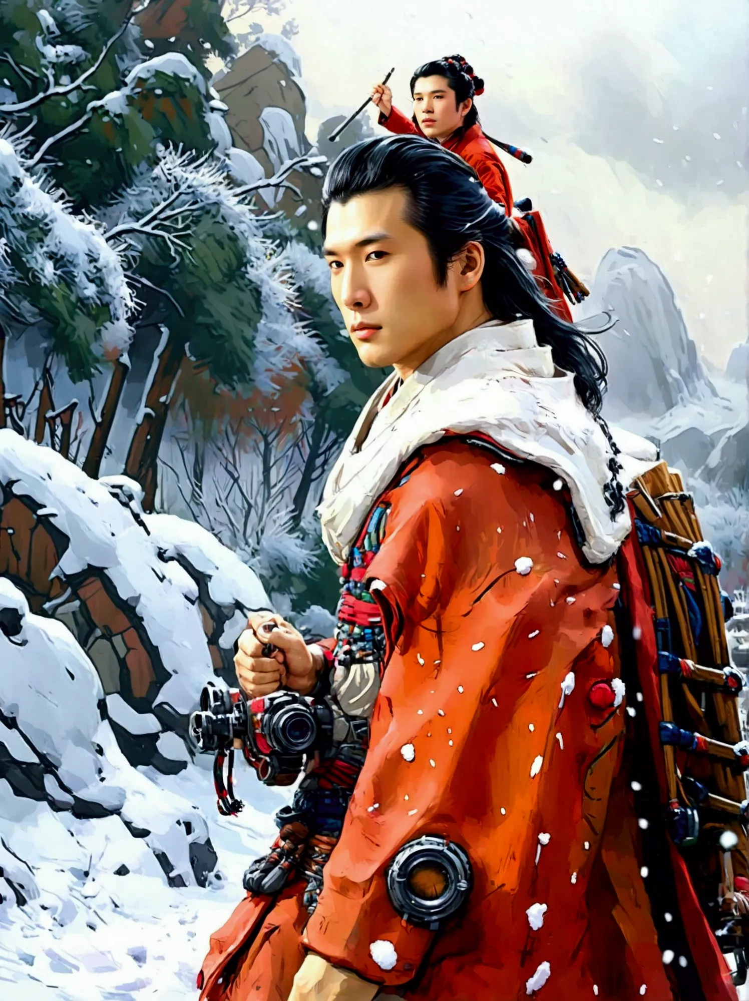 masterpiece，Highest quality，Exquisite details，Chinese style，Peerless Beauty，Delicate，heavy snow，(Leading a Han-blooded horse:1.9...